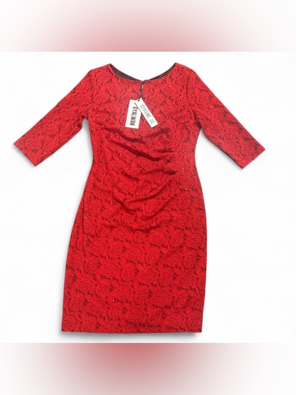 STYLEWE Red Rose Jacquard Midi Dress with Three-Quarter Sleeves